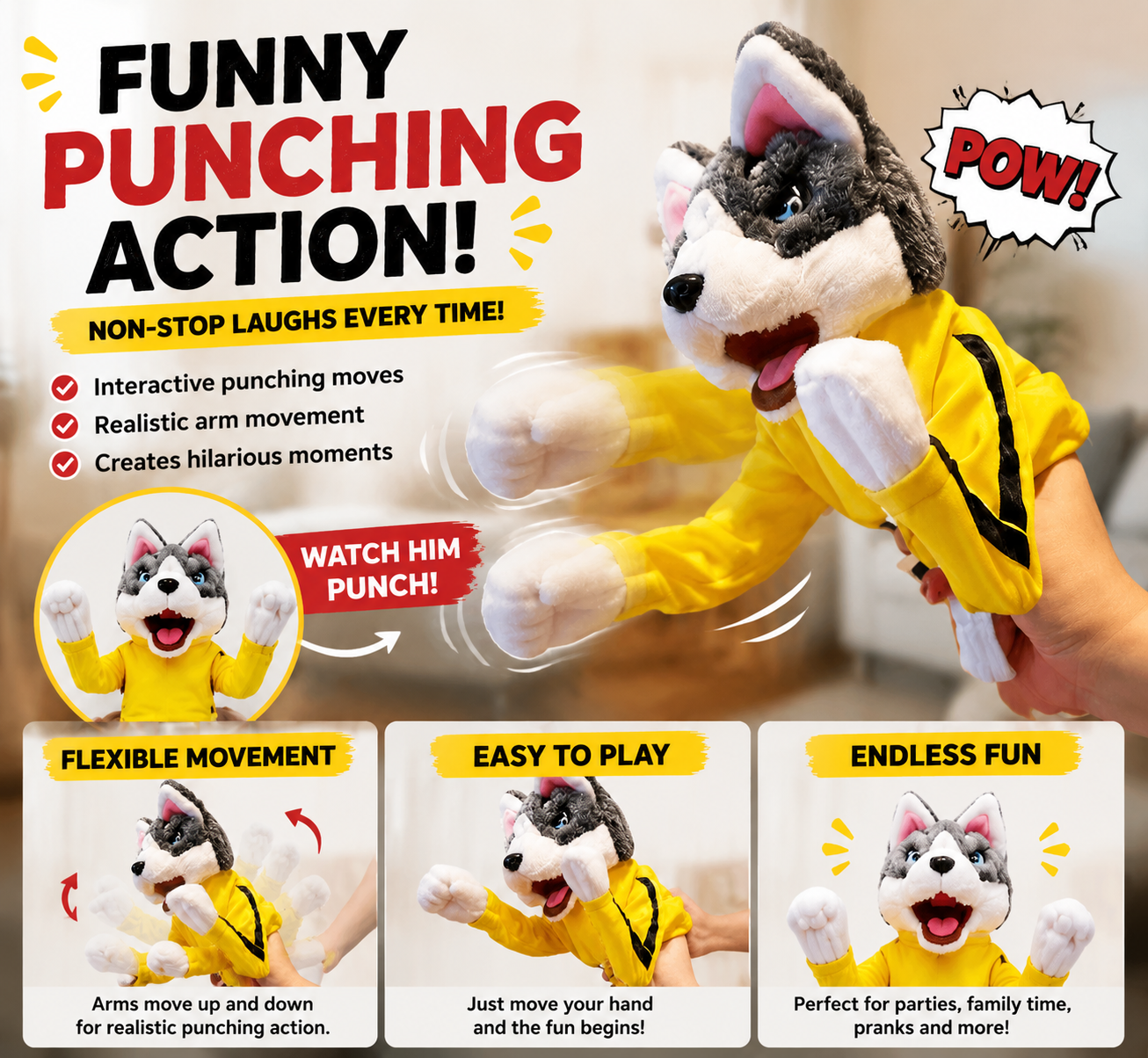 🥊 Funny Punching Husky Toy – Interactive Plush Dog Gift For Endless Laughs