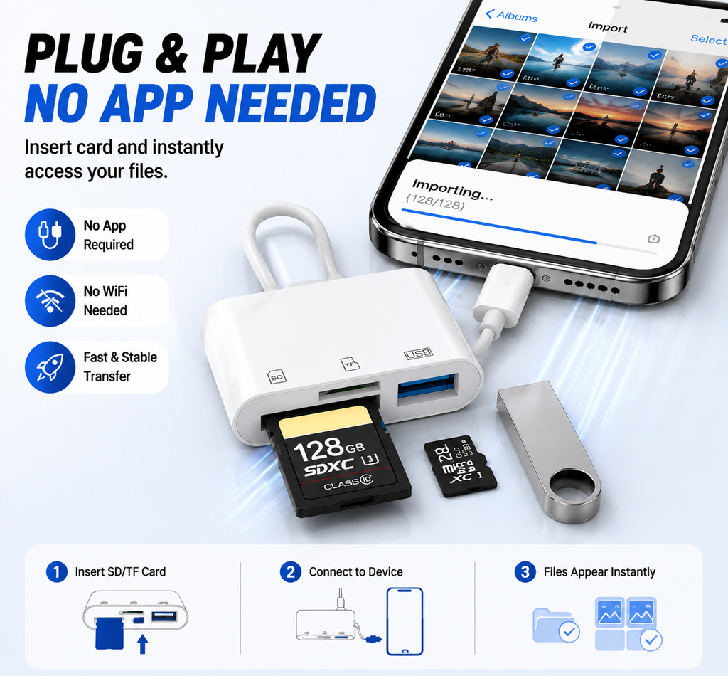 🔌 5-in-1 SD Card Reader for iPhone & USB-C – Fast Photo & Video Transfer Adapter