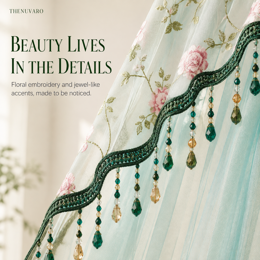 🌸 Extra-Wide Embroidered Beaded Doorway Curtain – Romantic Sheer Tie-Back Divider