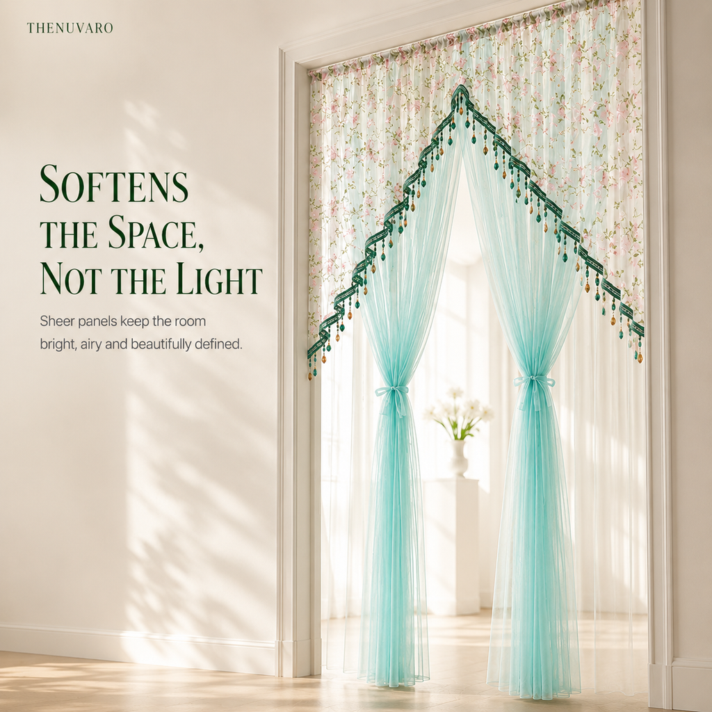 🌸 Extra-Wide Embroidered Beaded Doorway Curtain – Romantic Sheer Tie-Back Divider