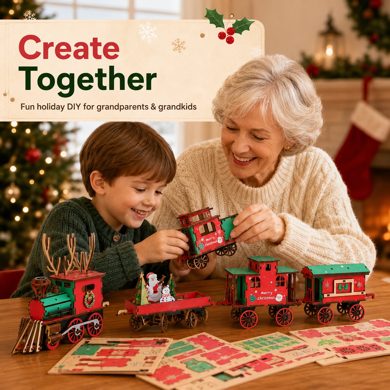 🎄DIY Christmas Wooden Train Set 3D Assembly Puzzle Kit