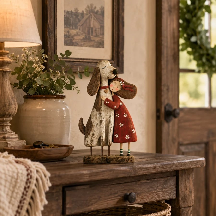 💕 Girl & Her Best Friend Folk Art Figurine
