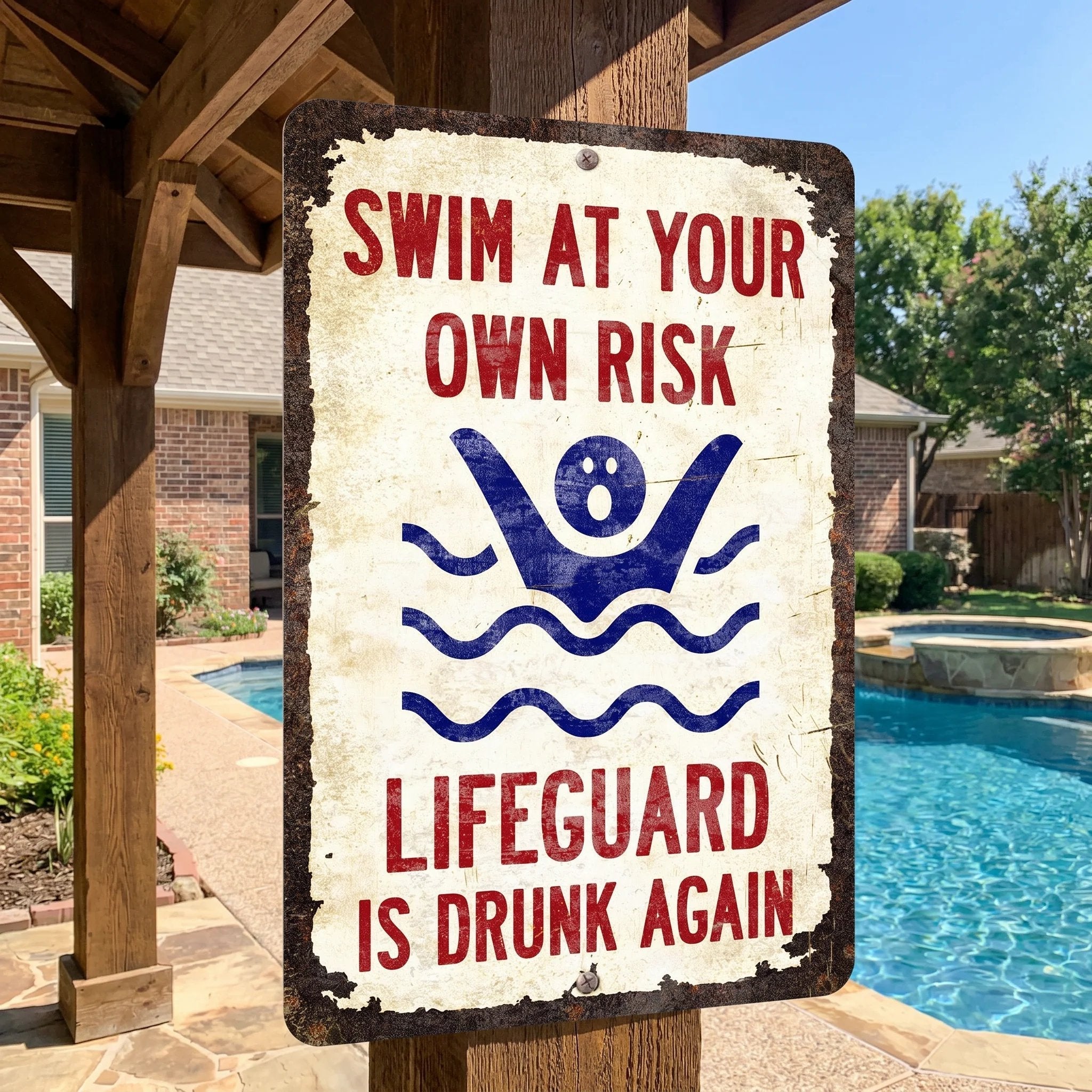 Vintage "Lifeguard Is Drunk Again" Pool Sign – Funny Metal Pool Wall Decor 😂🍻