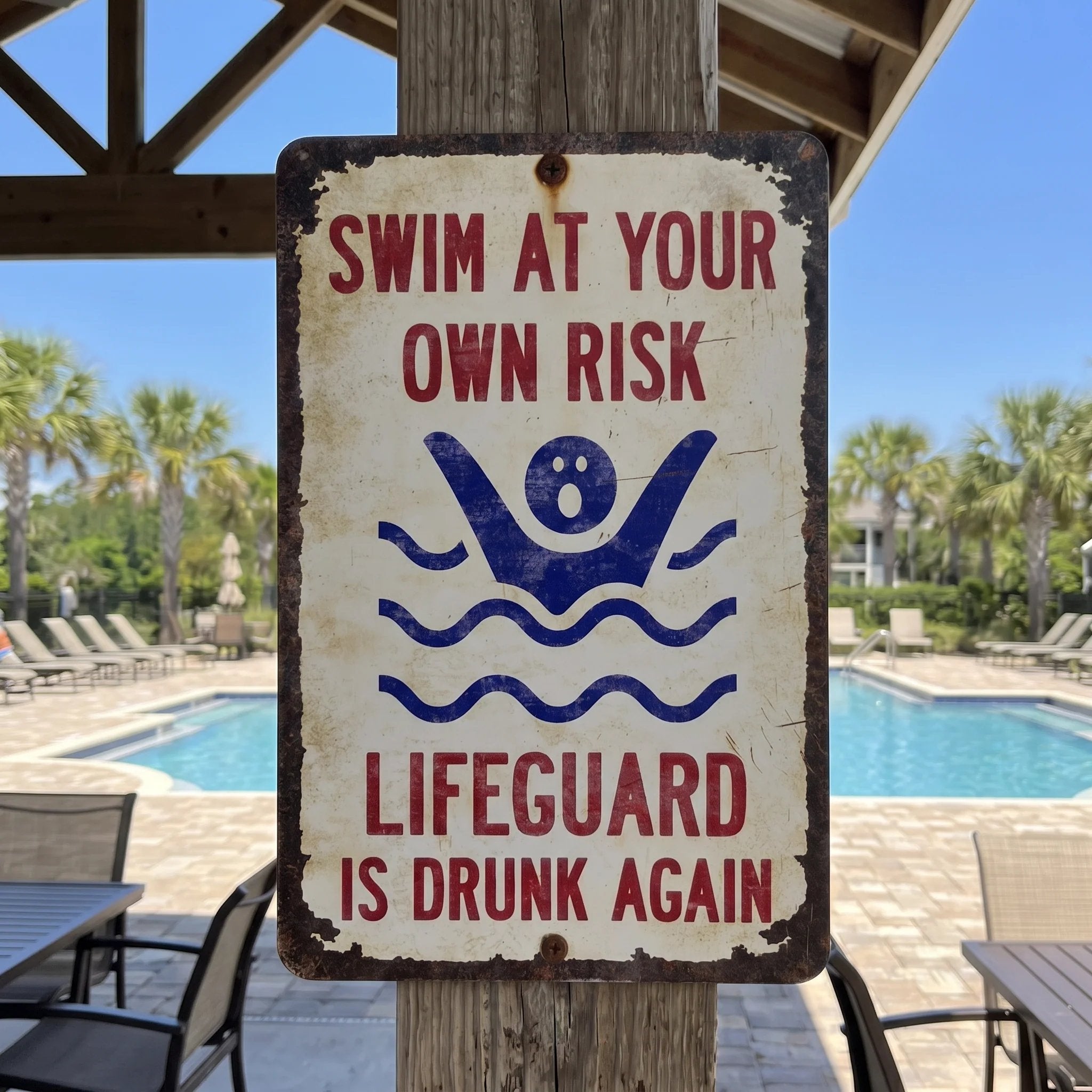 Vintage "Lifeguard Is Drunk Again" Pool Sign – Funny Metal Pool Wall Decor 😂🍻