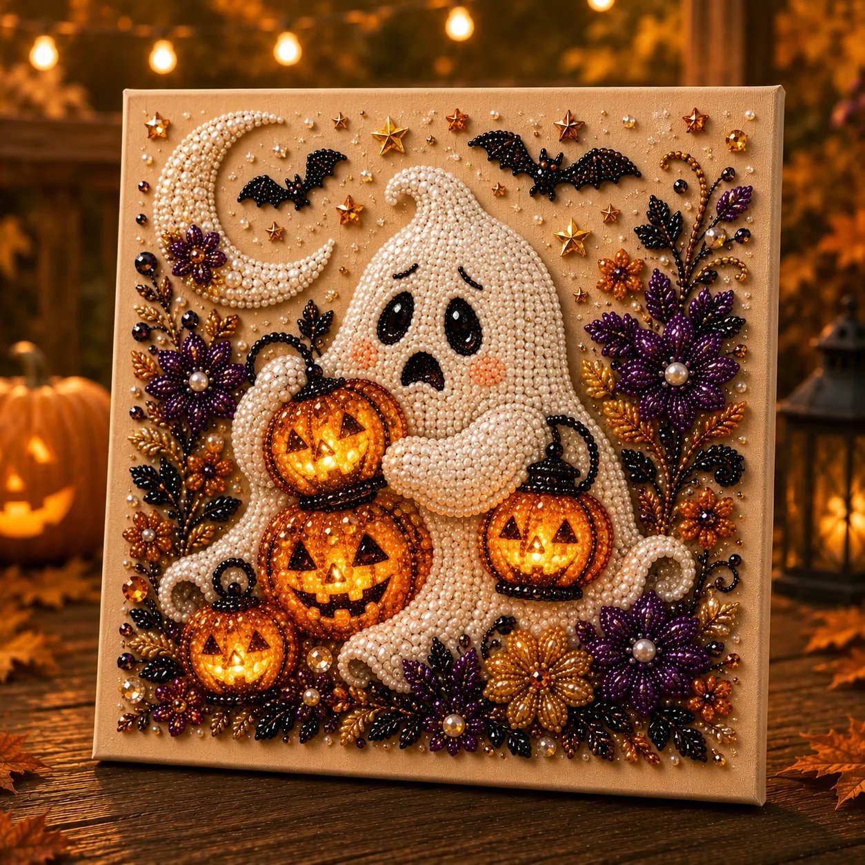 👻Premium 3D Pearl Absurd Halloween Wall Art Kit | Luxury Flocked Canvas with Scratch-Resistant Non-Fading Pearl Beads DIY Funny Spooky Decor 🕷️✨