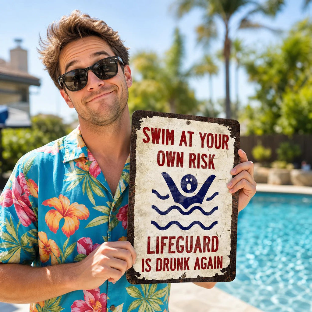 Vintage "Lifeguard Is Drunk Again" Pool Sign – Funny Metal Pool Wall Decor 😂🍻