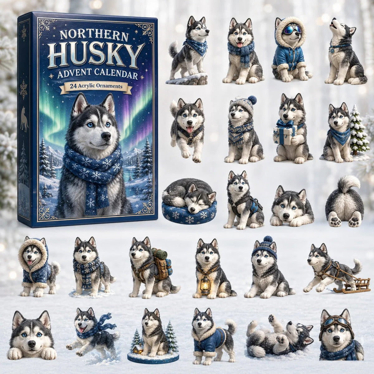 Husky Winter Adventure Advent Calendar 2026 - 24-Day Festive Countdown, Acrylic Charms Blind Box - Gift For Dog Lovers