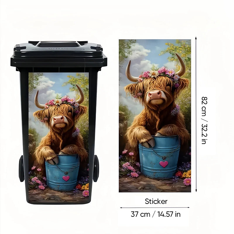 🐮 Highland Cow Floral Trash Can Sticker
