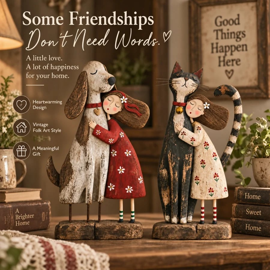 💕 Girl & Her Best Friend Folk Art Figurine