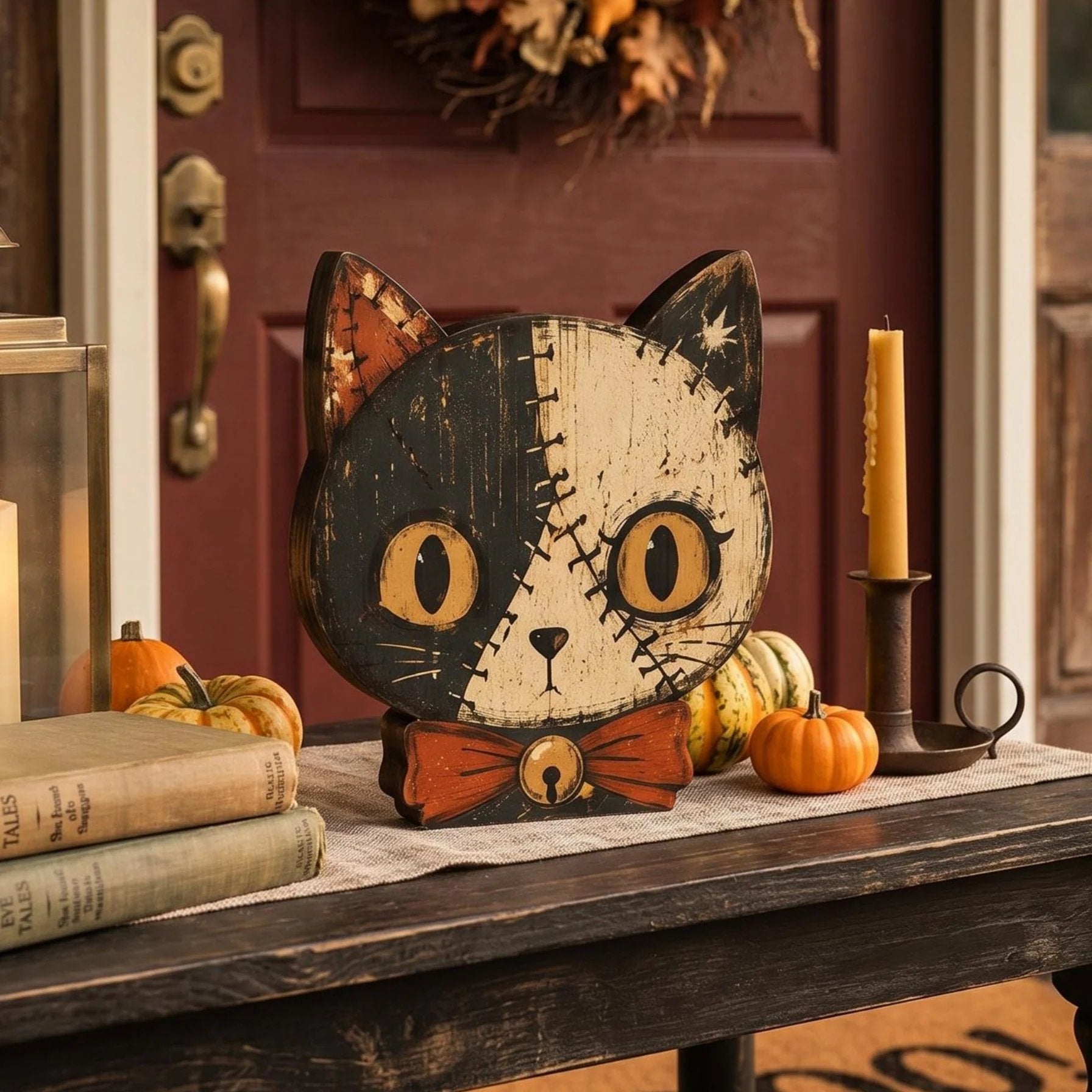 Vintage Halloween Decor - Halloween Cat Wooden Block for Cat Lovers