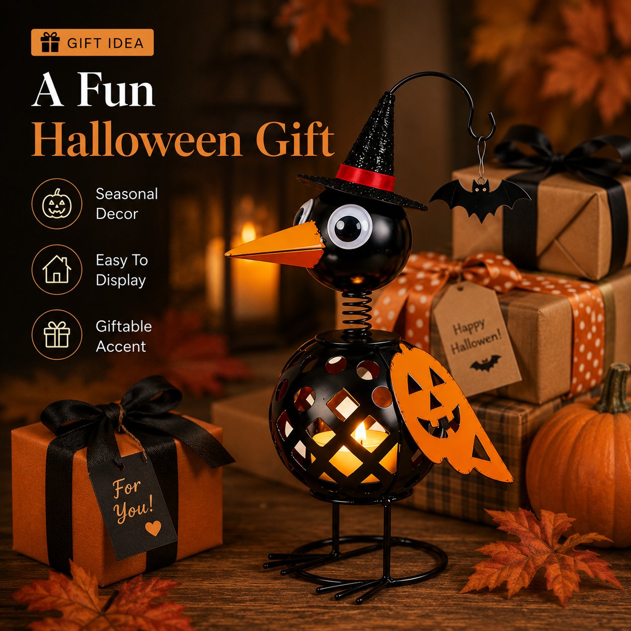 🐦🎃Wrought Iron Crow and Pumpkin Ornament