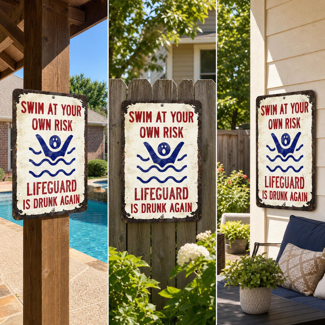 Vintage "Lifeguard Is Drunk Again" Pool Sign – Funny Metal Pool Wall Decor 😂🍻