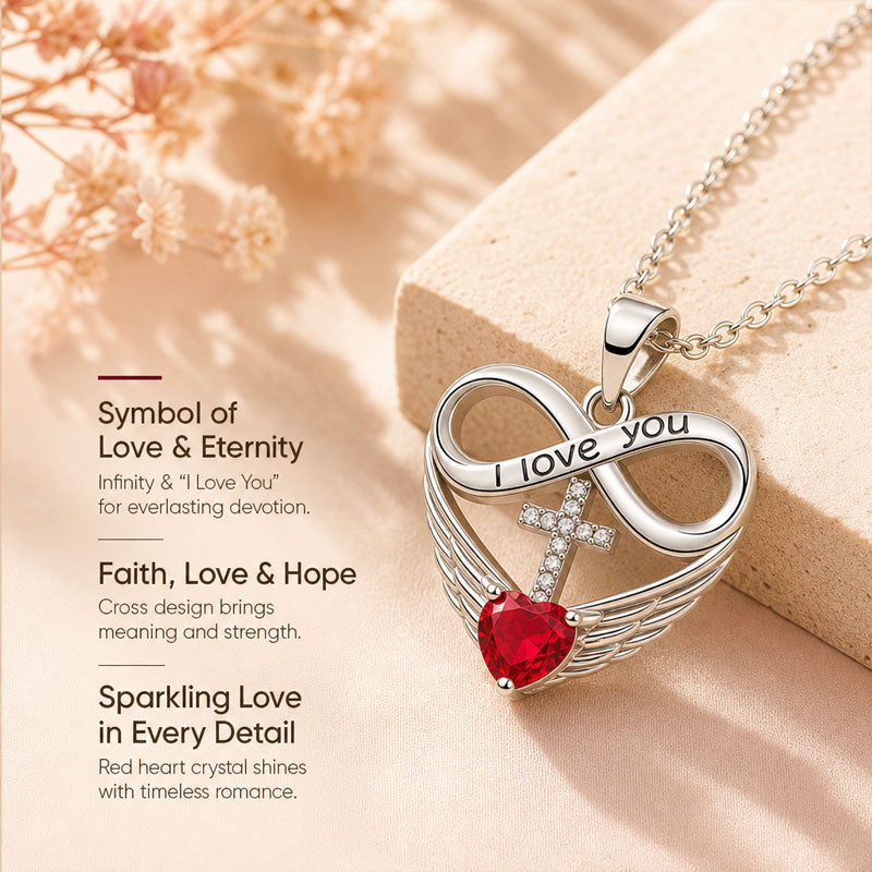 I Love You Forever Heart Angel Wing Cross Necklace