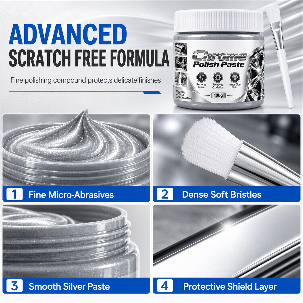 Metal Chrome Polish & Restorer Paste with Brush – 100g Metal Cleaner for Automotive & Household Use